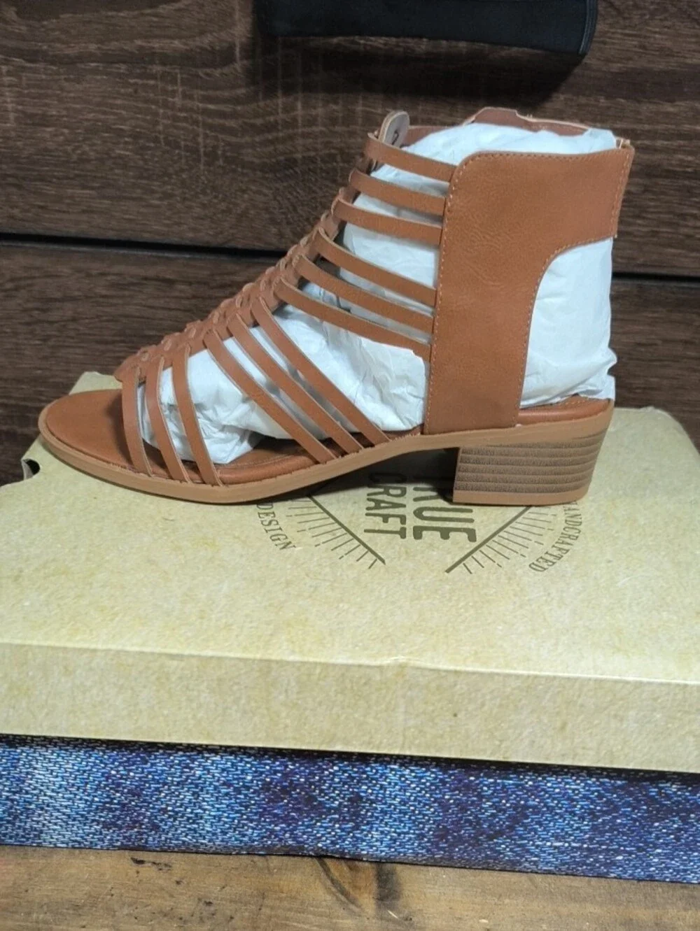 True Craft Tan Strappy Gladiator Sandals with Side Zipper